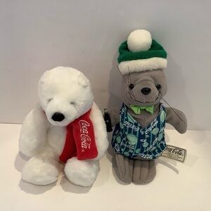 2 Coca-Cola Plush White Polar Bear Red Scarf Grey Seal with Vest Stuffed Animal